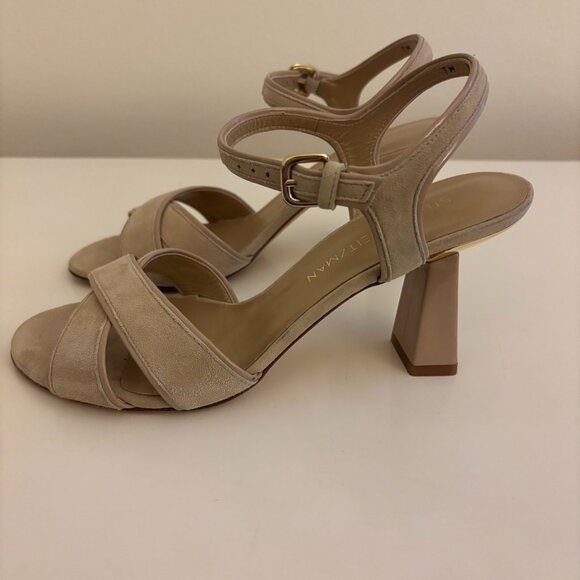 Stuart Weitzman Suede Cross Front Sandals with Sculpted Gold Trim Heel - Picture 2 of 8